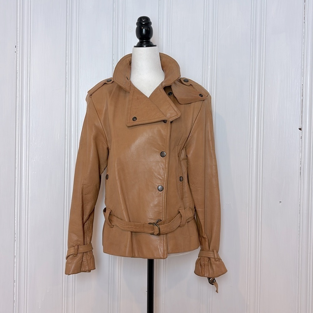 BAGATELLE Vintage Tan Leather Moto Jacket with Belt and Asymmetrical Closure